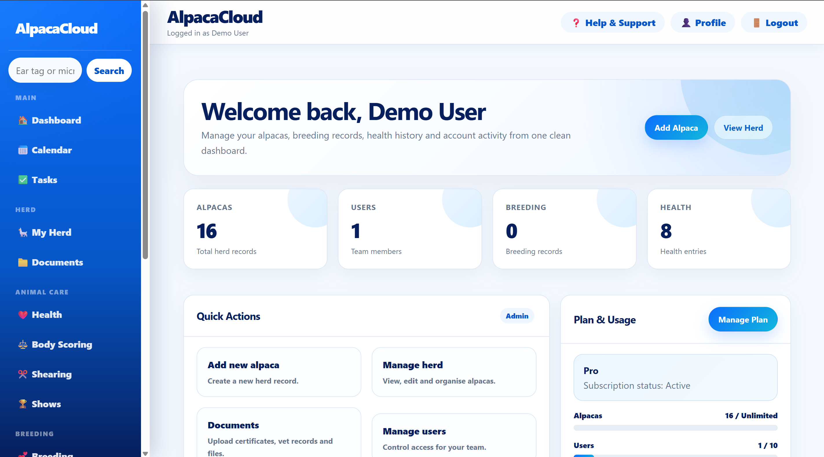 AlpacaCloud herd management dashboard