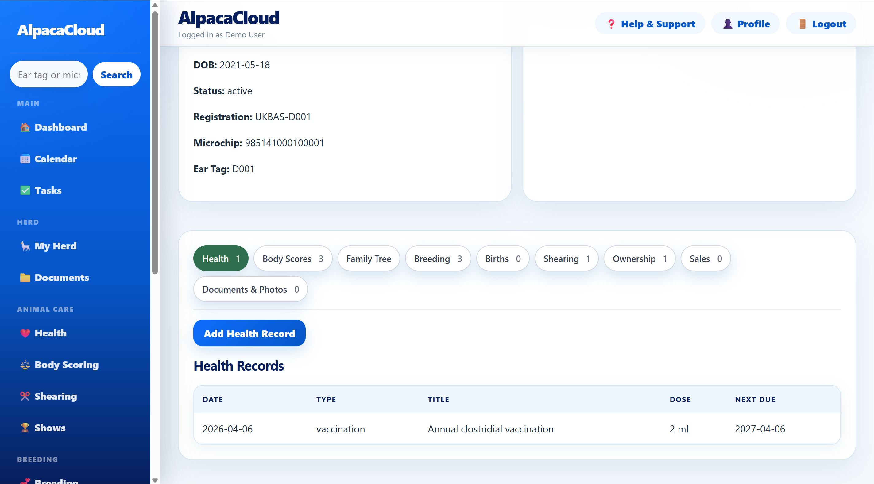 AlpacaCloud individual alpaca herd record showing health records
